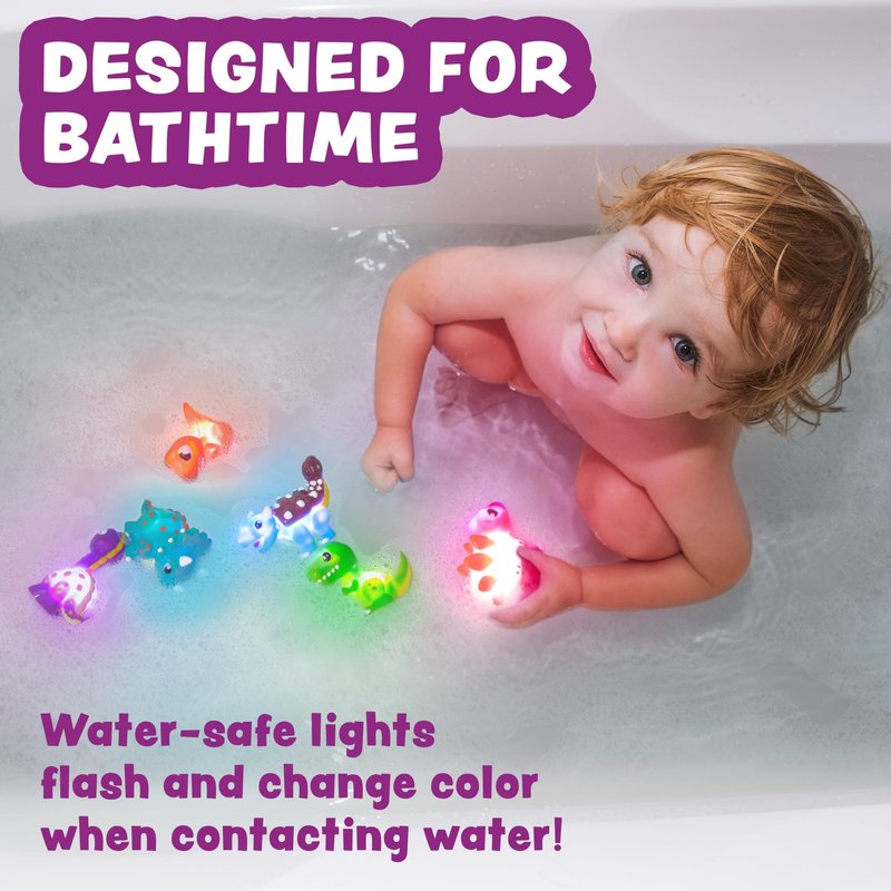 Tub Works® Dinos™ Dinosaur Light Up Bath Toys, 6 Pack | Water-Activated Light Up Toys Flash & Change Color | Easy-Grip Baby & Toddler Bath Toys | Sensory Bath Lights Watertight Bathtub Toys