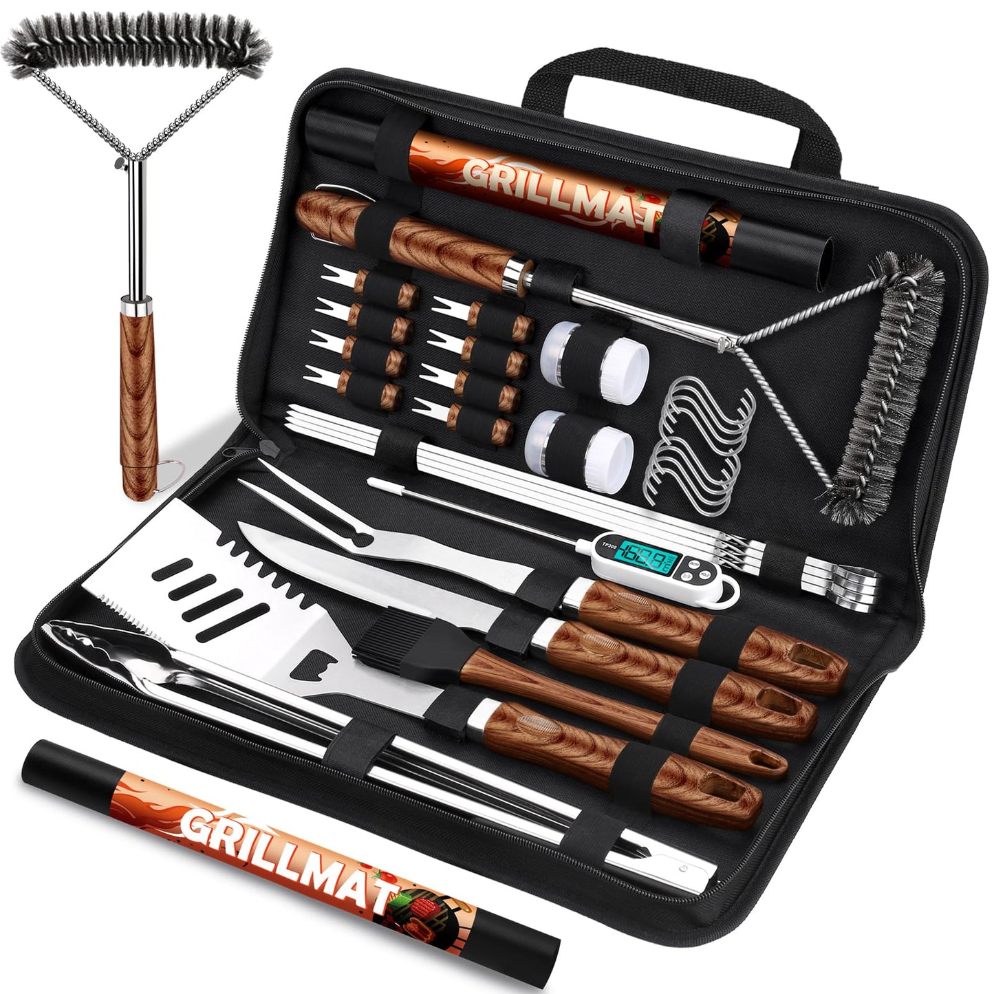 RINPIR 31pcs BBQ Grill Accessories Gifts for Men Dad, Heavy Duty Grilling Tools Gift Set for Fatherâs Day, Stainless Steel BBQ Utensils Kit with Mats, Grill Brush in Carrying Bag Brown