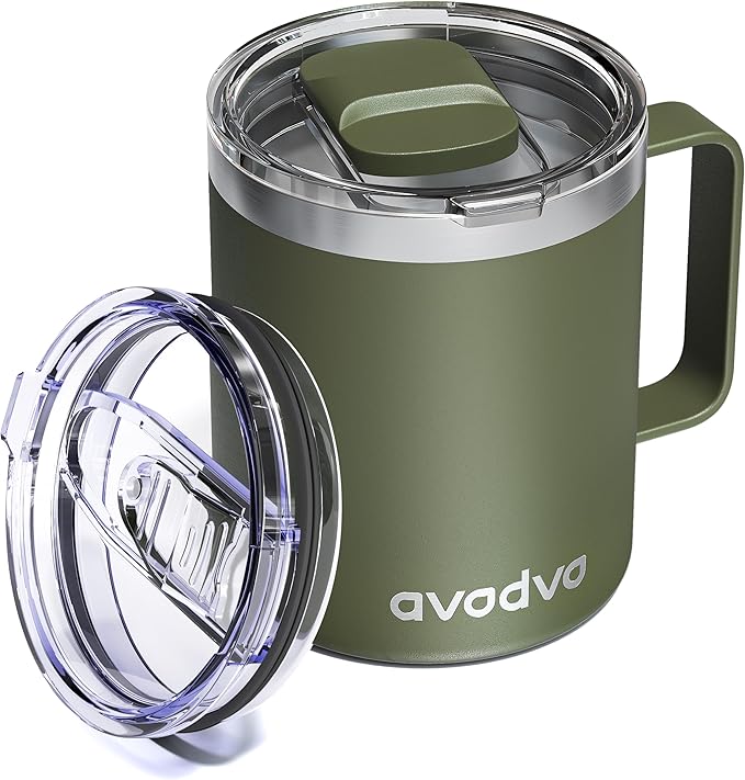 12oz Insulated Coffee Mug with Lid â Includes Two Lids, Stainless Steel Coffee Travel Mug with Handle, Double Wall Vacuum Insulated Camping Mug for Home, Office & Outdoor, Army Green