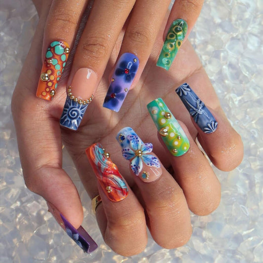 Octoswave Long Square Press on Nails 3D Flower Design Colorful Artistic Fake Nails for Women Party Prom DIY Manicure 24Pcs