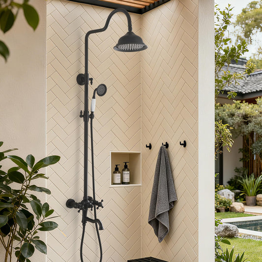 Exposed Shower System Matte Black,Antique Outdoor Shower Faucet with 8 Inches Rainfall Shower Head,Vintage Outdoor Shower Fixture with Foldable Tub Spout,Outdoor Shower Kit for Backyard Poolside