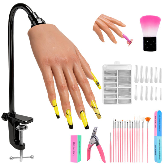 Veikmv Practice Hand for Acrylic Nails,Realistic Silicone Mannequin Hand with Flexible Fingers for Acrylic Nails, Gel Polish Training, Complete Nail Art Beginner Set with Brush & File
