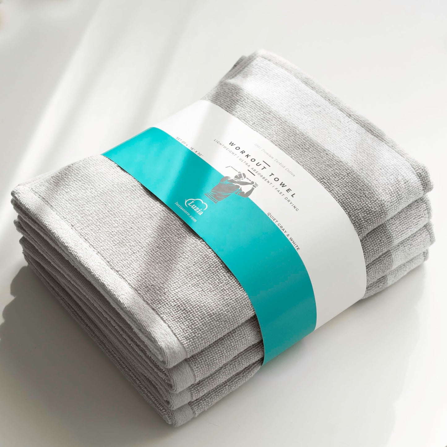 Luzia Striped Workout Towel for Sweat (Pack of 4) - Premium Quality 100% Turkish Cotton - Lightweight and Super Absorbent for Exercise, Sports, Workout, Fitness, Gym, Yoga, Running (Gray)
