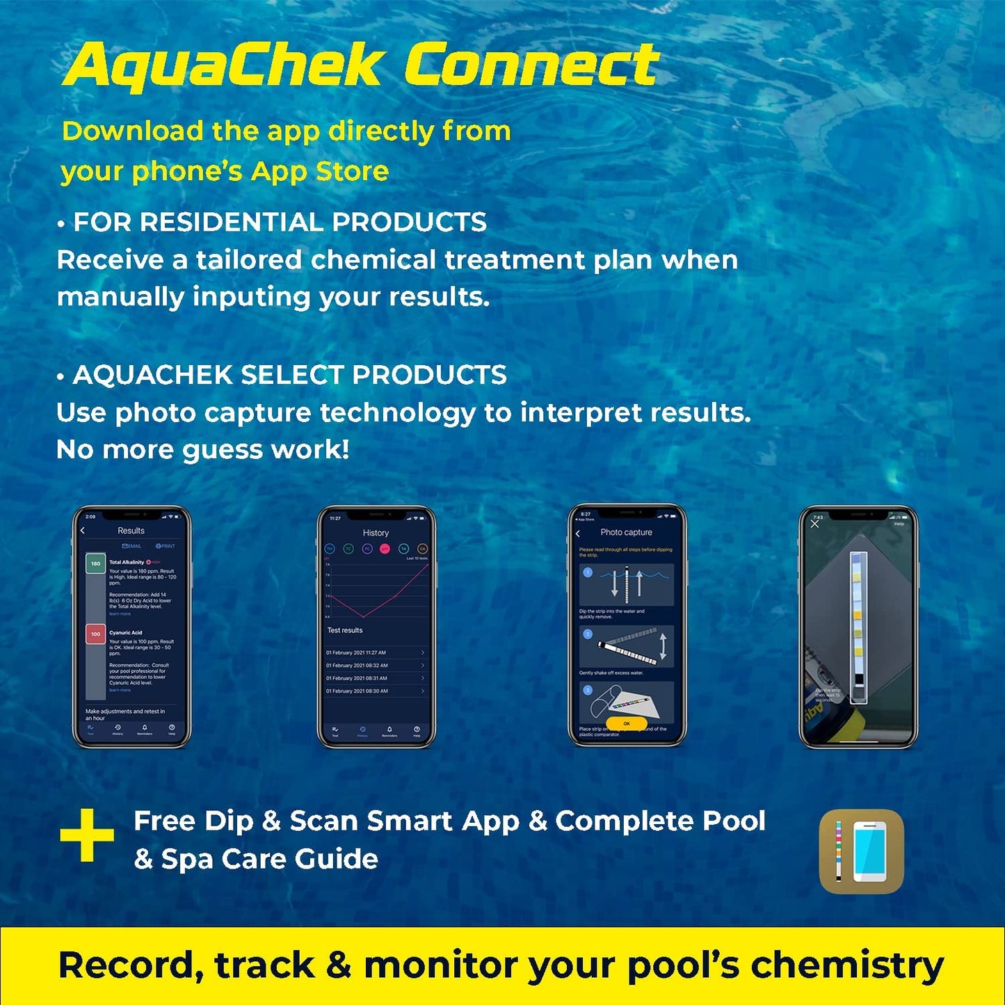 AquaChek Yellow 4-Way Test Strips for Pool & Spa – 50 Count – Lab Verified Accuracy for pH, Chlorine, Alkalinity & Cyanuric Acid – Fast Results – Made in USA - (2-Pack)