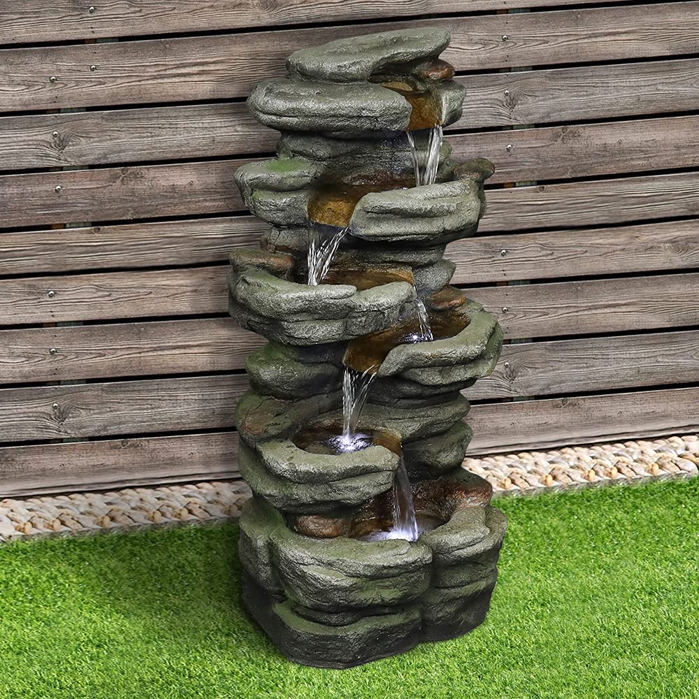 Naturefalls 30.7inches Outdoor Water Fountain - 6-Tiers Rock Waterfall Fountain with Led Lights for Home Garden Decor