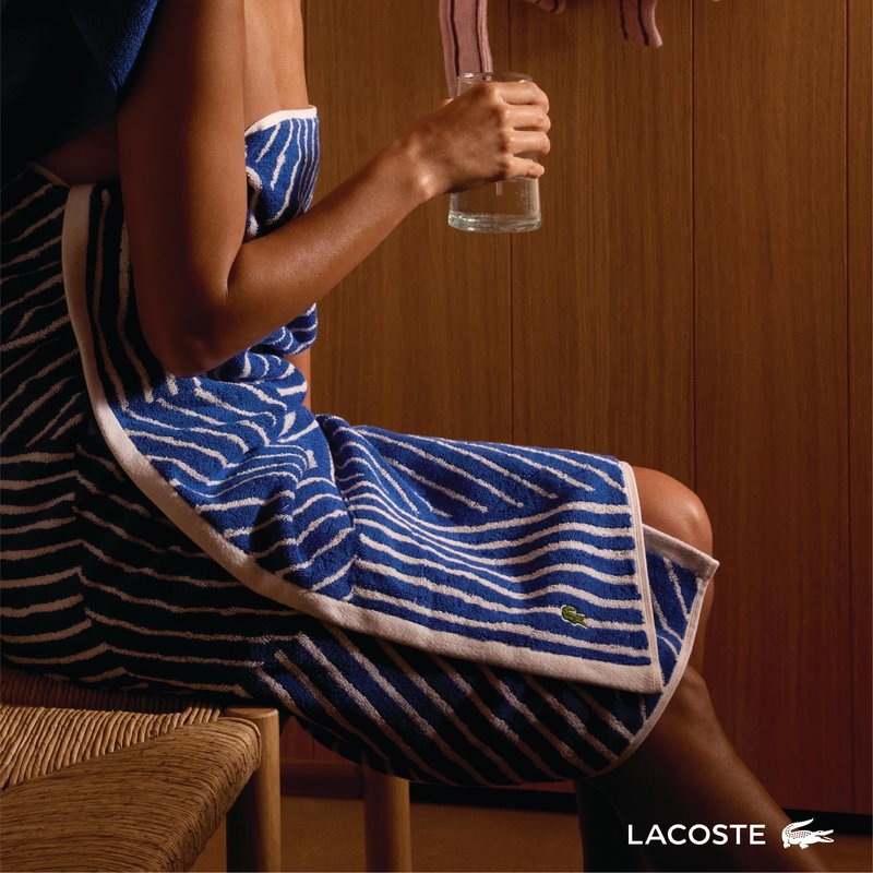 Lacoste Guethary Striped Towel – 100% Cotton, Reversible Modern Geometric Design, Soft & Absorbent, Durable & Lightweight, Machine Washable – Sand, 16"x30" Hand Towel