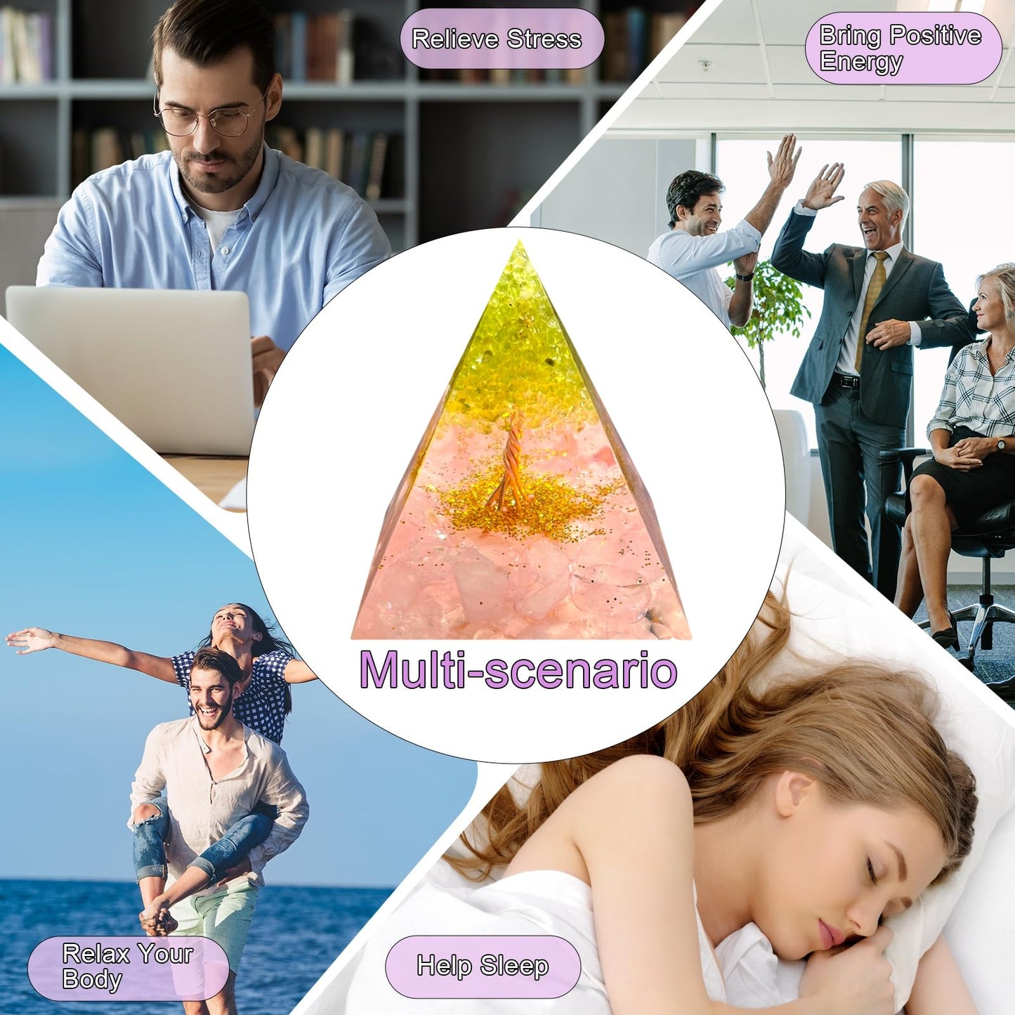 Saefheled Tree of Life Orgone Pyramid,Natural Energy Peridot Pink Crystal Orgonite Healing Crystal Pyramid,for Reduce Stress,Balance Chakra,Meditation Attract Luck,Accumulate Wealth Health(6cm)
