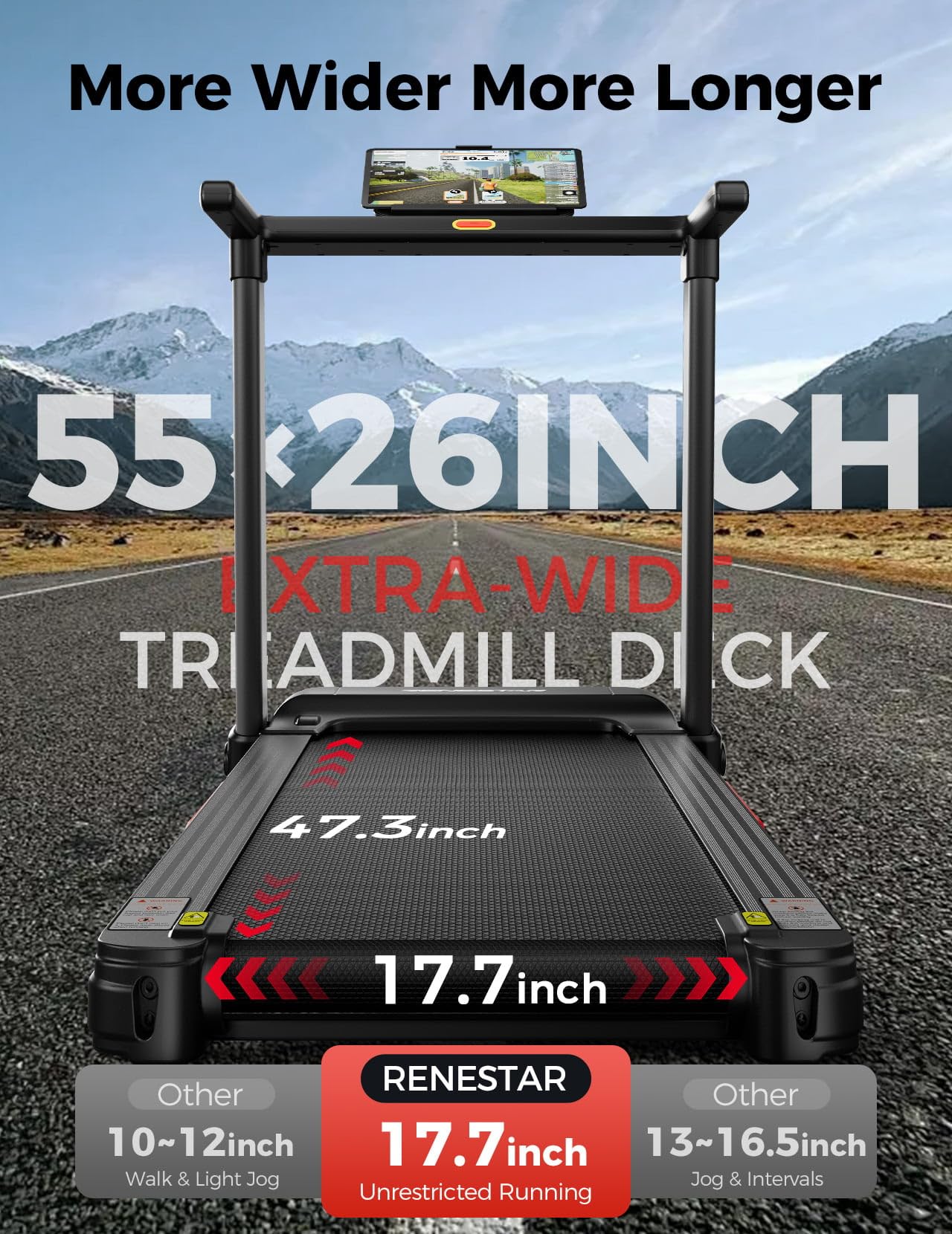 Renestar Treadmill for Home with 25% Auto Incline - 8.5MPH Max Speed, Extra Large LED Touchscreen, 300LBS Capacity, Bluetooth Speaker, 3.5HP Home Office Treadmills for Running Jogging Walking