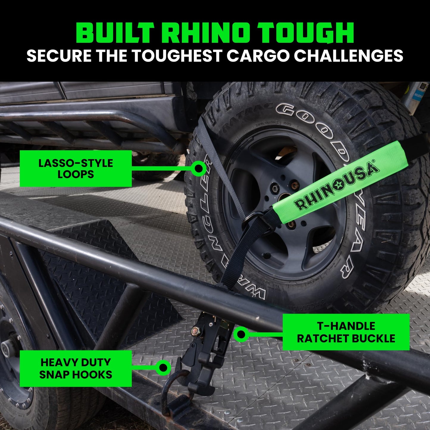 Rhino USA Car Tie Down Straps with Snap Hooks – 4 Pack 2" x8' – 10,000lbs Break Strength – Heavy Duty T-Handle Car Hauler Tire Lasso Wheel Straps for Trailers, UTV & Powersports – Black