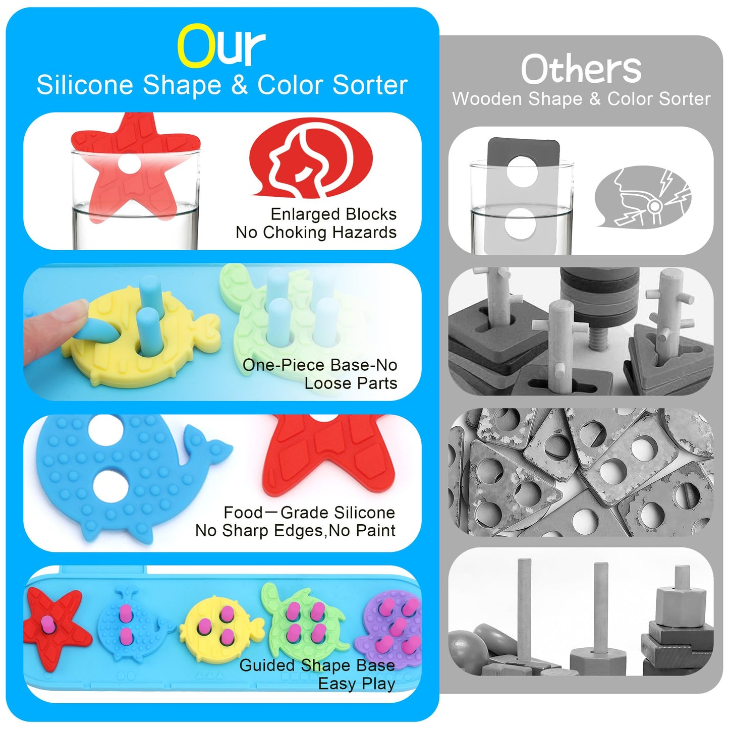 FlufiFiea Silicone Blocks for Toddlers Aged 1-3 2-4, Montessori Toys for 1 Year Old Boy Girl Gifts, Sorting & Stacking Toy Soft Textured Educational Learning Toddler Baby Toys