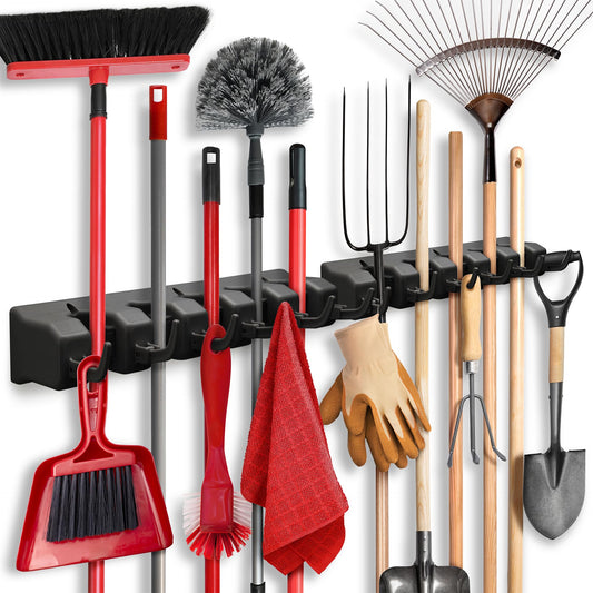 Home-it Mop and Broom Holder Wall Mount Garden Tool Storage Tool Rack Storage & Organization for the Home Plastic Hanger for Closet Garage Organizer (5-position)