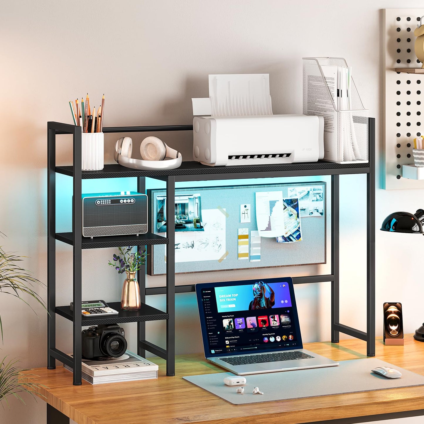 Snughome Desk Shelf with LED Strip, 38.6" Desktop Organizer Shelf, Desk Hutch for Computer Monitor, 4 Tier Desk Display Rack, Wood Desktop Bookshelf Storage Rack for Home Office Dorm