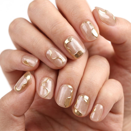 Glossy Nude Gold Swirl Press on Nails Short, Shimmer French False Nails with Metallic Wave Design, Elegant Cat Eye Nude for Women, Salon Style Reusable Acrylic Nails 24PCS