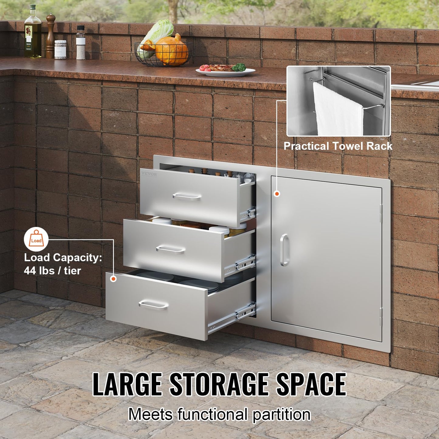 VEVOR BBQ Island Drawers 38.1W x 22.6H x 20.8D, Outdoor Kitchen Door Drawer Combo Cabinets, BBQ Access Door/Triple Drawers Combo, Stainless Steel Handles, Perfect for BBQ Island Patio Grill Station