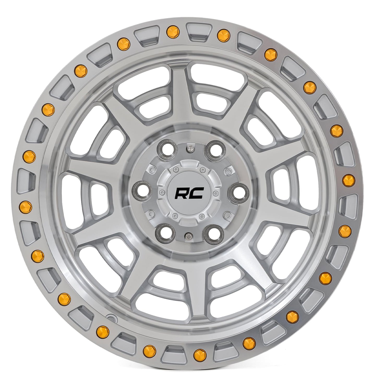 Rough Country 82 Series Off-Road Wheel - 15x8, 5x4.5" Bolt Pattern, 19mm Offset, Full Machined Aluminum with 8-Spoke Design & Simulated Beadlock Gold Hardware