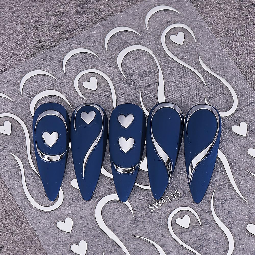 6 Sheets Valentines Day Nail Art Stickers 3D Bronzing Silver Gold Line Heart Nail Stickers Swirl Stripe French Style Nail Decals Valentines Peach Hearts Manicure Supplies for Women Nail Decoration