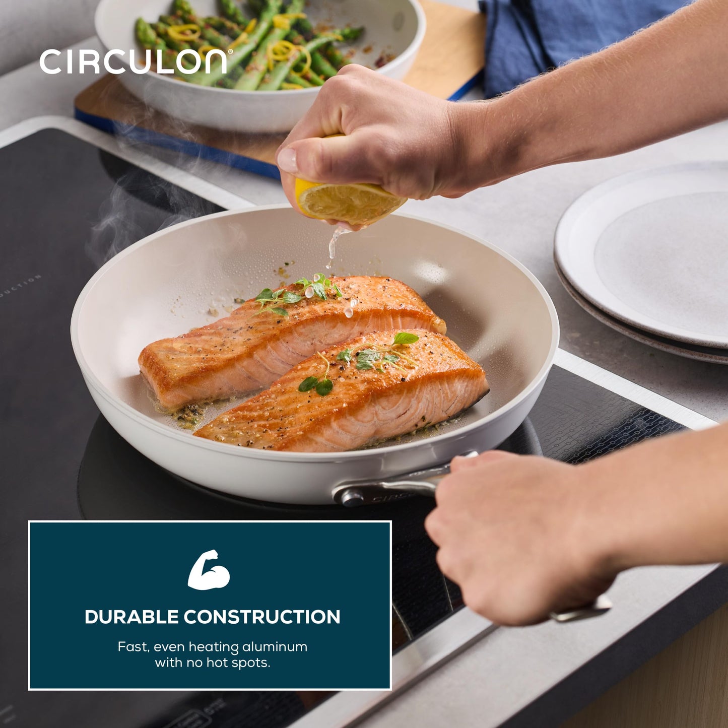 Circulon Halo with LaserDefense Ceramic Nonstick Pots and Pans with Lids, Compatible with All Stovetops, Made without PFAS, Dishwasher and Oven Safe, 11 Piece Cookware Set - Pearl White
