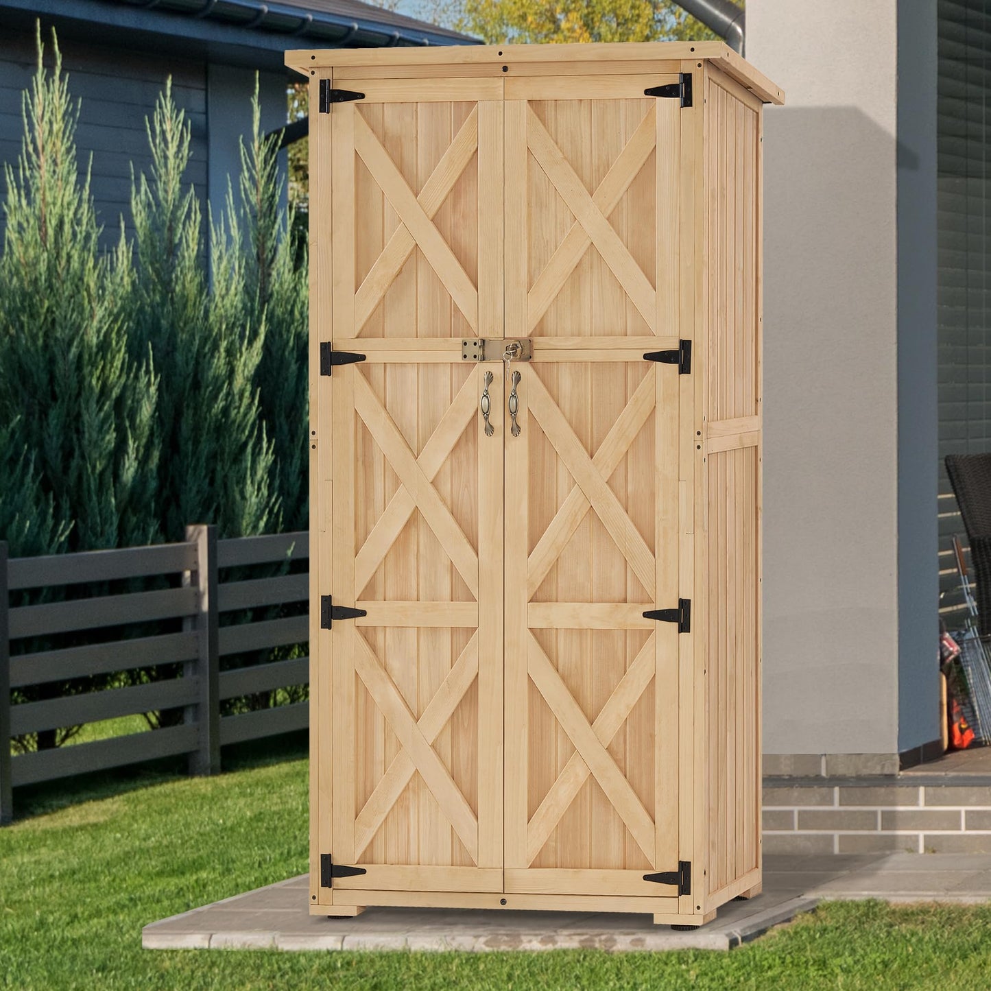Macrout Outdoor Storage Cabinet, Wooden Storage Shed with Lock, Outside Garden Tool Shed with 2 Doors for Patio Yard Lawn, 1628 (Medium)