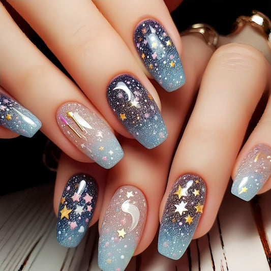 Colorful Ombre Press on Nails Medium Square Fake Nails Striped Star and Moon False Nails with Colorful Gradient Design Glossy Reusable Stick on Nails for Women girls Manicure Decoration 24 pcs