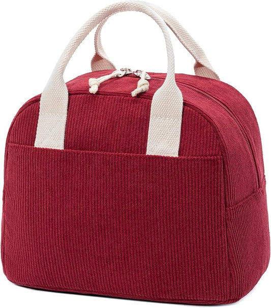 LOVELYWIND Insulated Lunch Bag for Women Men, Stylish Corduroy Tote Bag with Aluminum Lining, Large Capacity Reusable Cooler for Work, Travel, or Beach, Wine Red Lunch Box