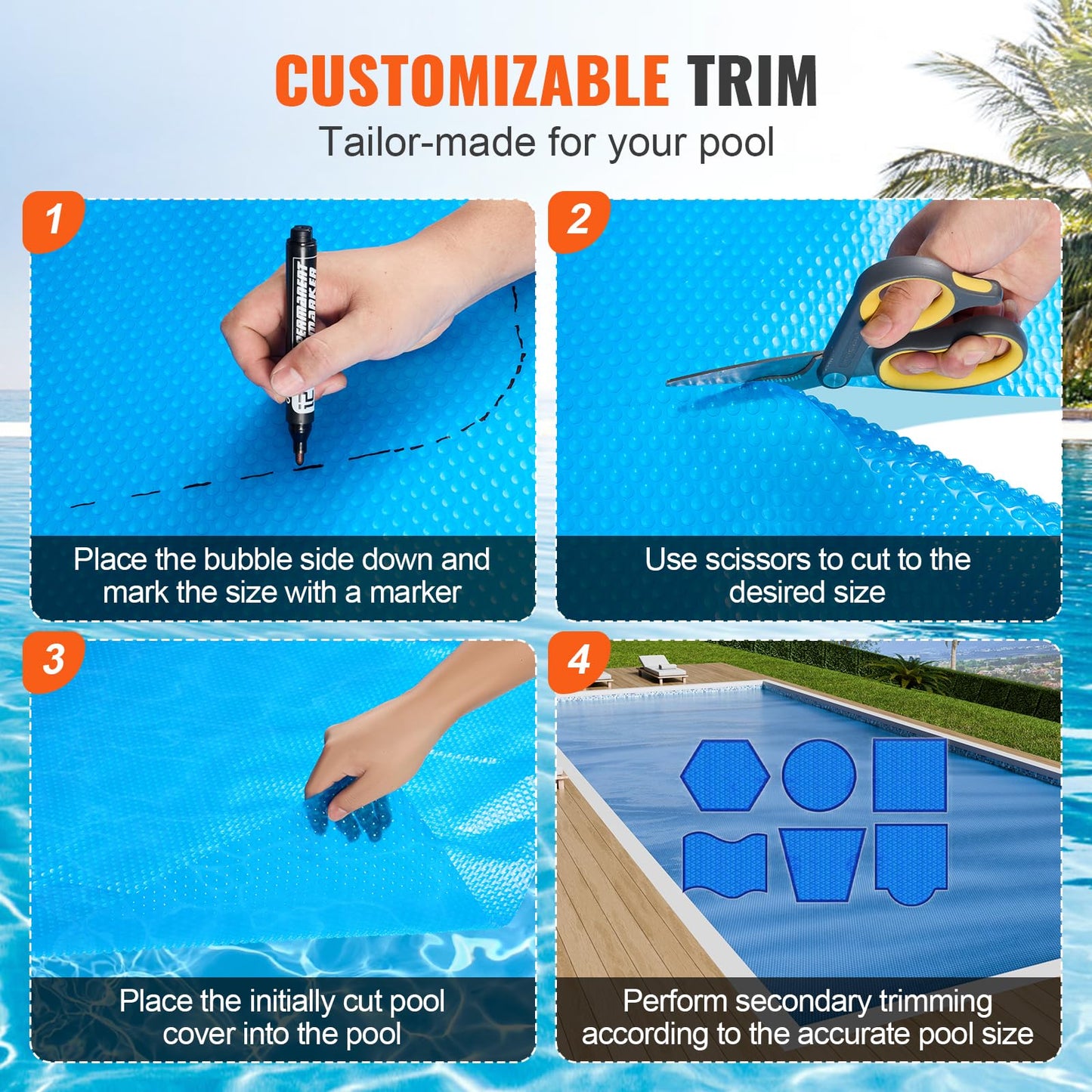 VEVOR Solar Pool Cover, 24 x 12 ft Rectangle Solar Cover 12 mil for Pools, Inground Above Ground Swimming Pool Solar Blanket with Bubble, Heat Retaining Solar Covers Blue