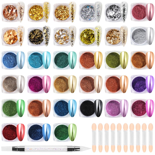 Brtavizvy 23 Color Chrome Nail Powder,10 Color Irregular Foil Flakes Glitter,Gold Flakes for Nails Decoration Art Holographic Chunky for Women Girls Manicure Supplies