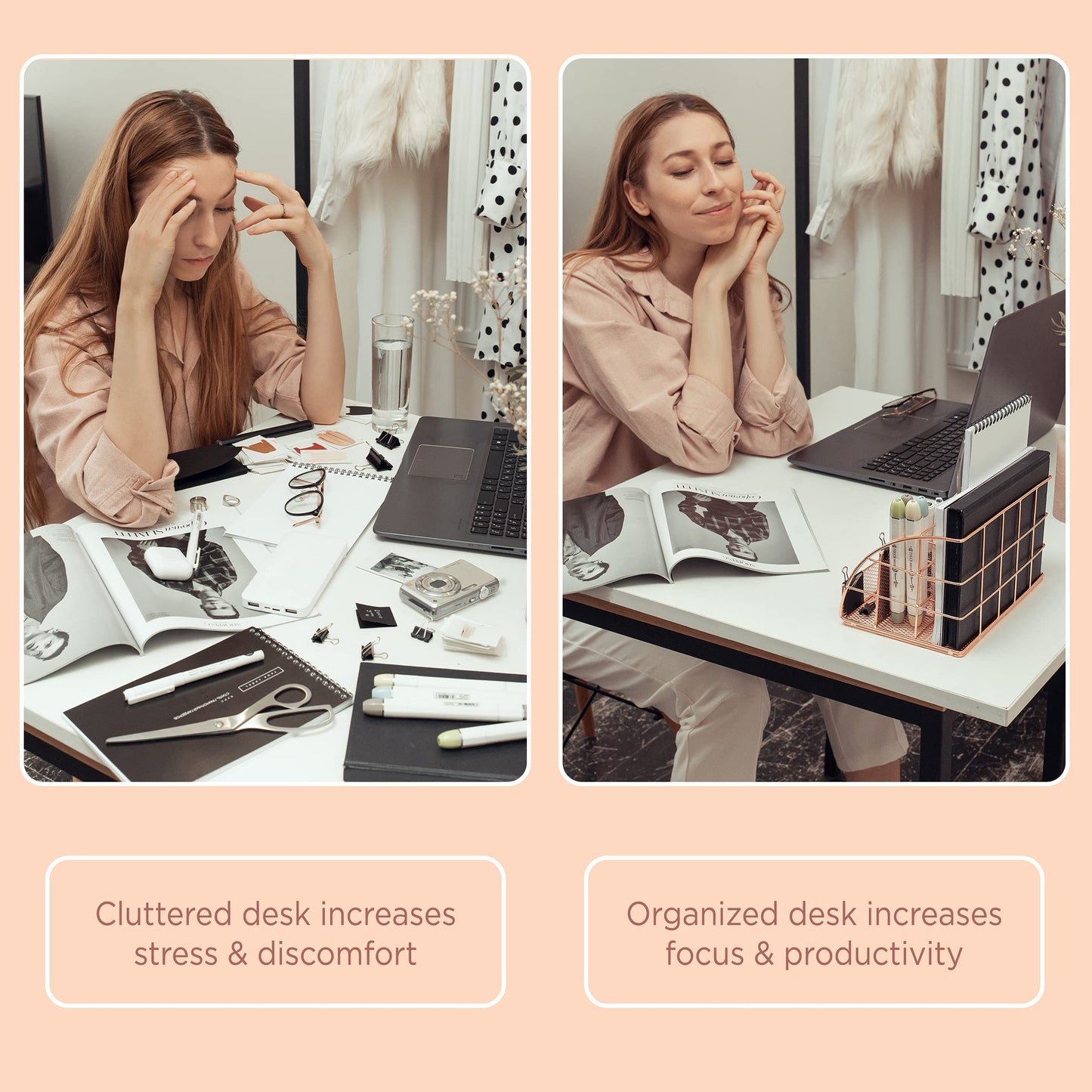 Rose Gold Desk Organizer for Women Cute Home Office Accessories & Supplies Decor, Girly Desktop Stationary Essentials Organization Set, Mesh Caddy Storage 5 Compartments +1 Mini Sliding Drawer