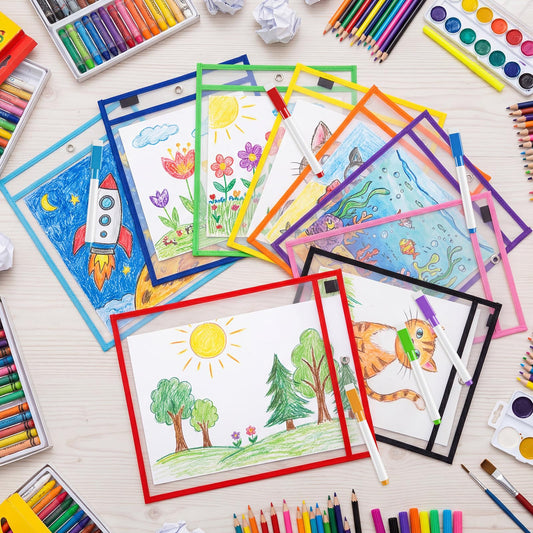 24 Pack 12 Colors Dry Erase Pockets, 10" x 14" Clear Plastic Sleeves for Classroom, Teacher, Office Supplies, with 6 Metal Clasps and 6 Colored Markers
