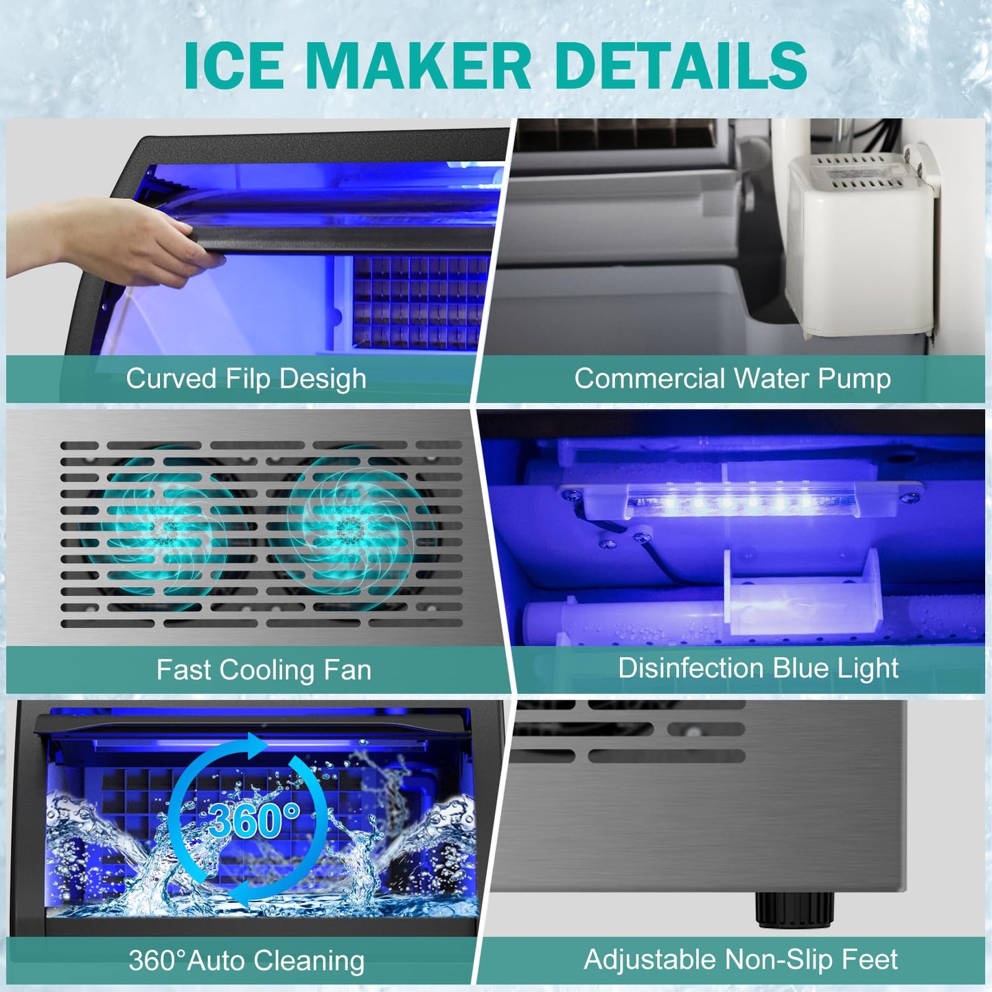 Commercial Ice Maker Machine, 150Lbs/24H with 45Lbs Large Ice Capacity, 55Pcs Clear Ice Cubes Ready in 8-15Mins, Freestanding Stainless Steel Ice Making Machine for Home Party Bar