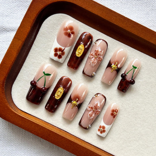 Handmade Press on Nails Long Square 3D Flower Tortoiseshell White French Tip Full Cover Stick on Nail for Women Party & Daily Wear 10Pcs (Size M)
