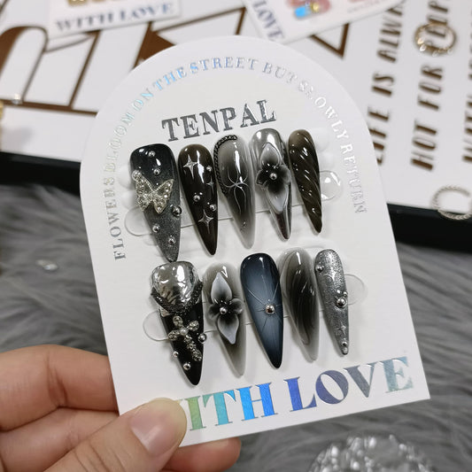 TENPAL Handmade Press on Nails Long Stiletto - Gothic Cat Eye Blushing Ombre Fake Nails with 3D Chain Design | Ultra Thin Flexible False Nails with Tools| Dark Stiletto Y2K Nails For Women Girls(L)