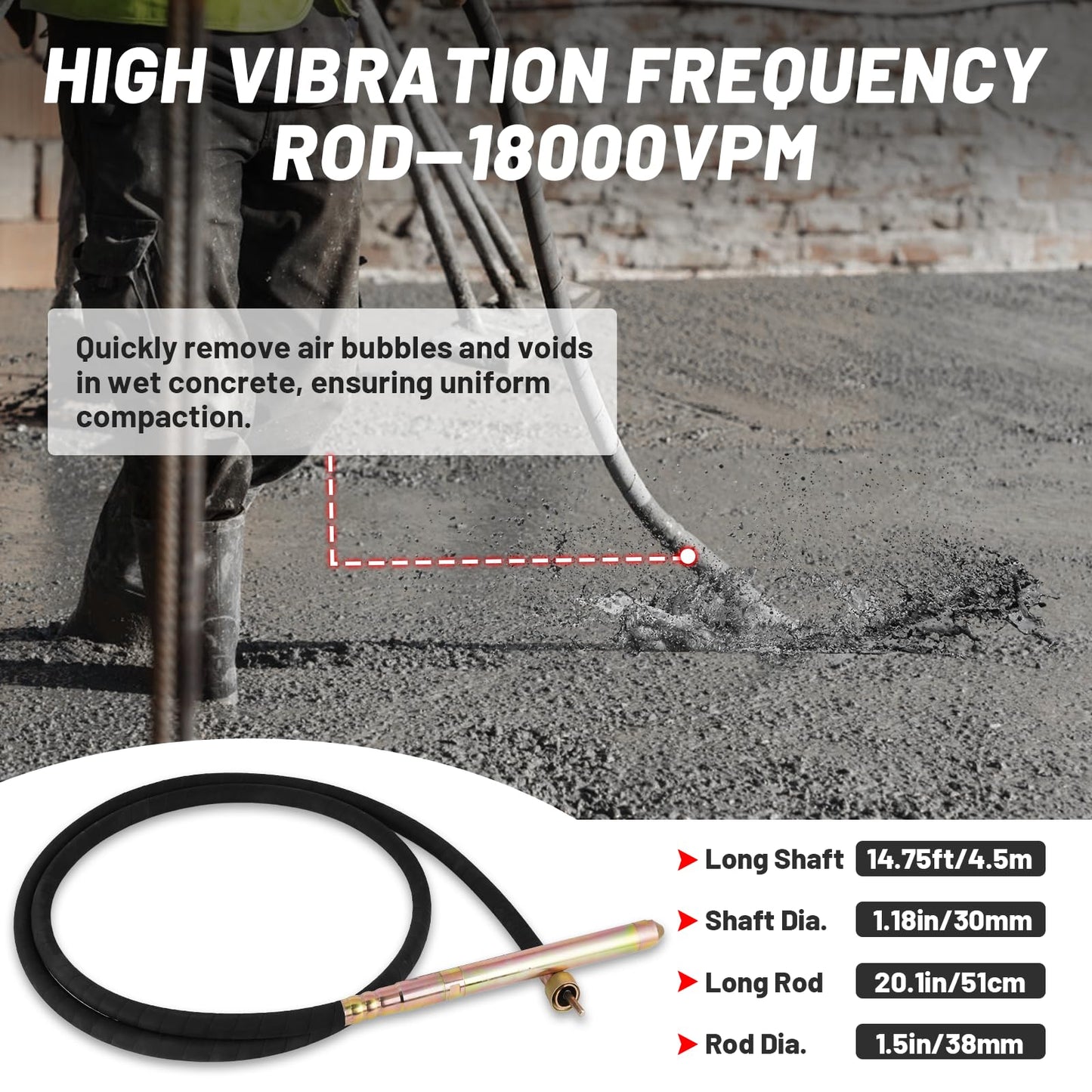 YJINGRUI Power Concrete Vibrators 1600W 16,000 RPM, Portable Electric Construction Vibrator with 4.5m (14-3/4ft) Flexible Shaft for Commercial Grade Bubble Removal