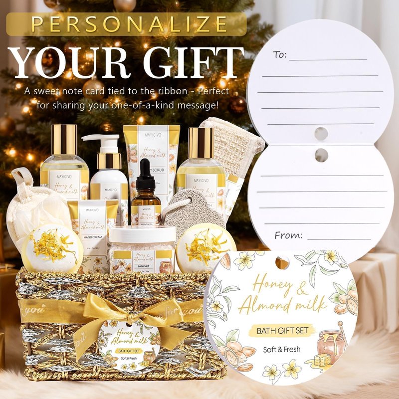 Mothers Day Birthday Gifts for Women, Honey & Almond Milk Relaxing Spa Gift Baskets for Women Self Care Package Bath Gift Set, Home Bath and Body Kit Pamper Gifts for Womens Her Mom Friends Sister