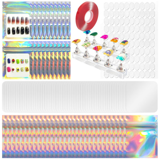Press On Nail Packaging Kit, 50pcs Nail Display Cardboard, 50 Packaging Bag, 2pcs Display Stand, Adhesive Tab, Transparent Tape for Handmade Nails Business (50pcs white+nail stand)
