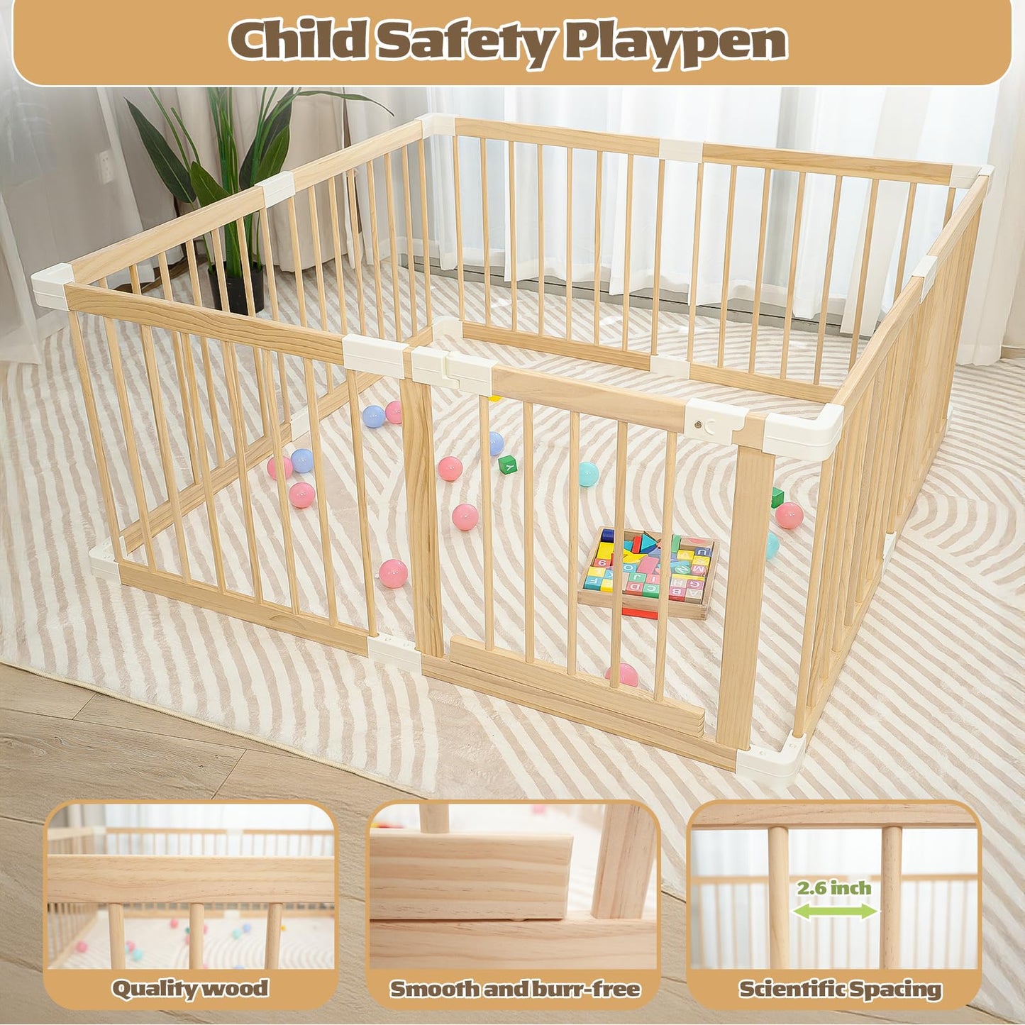 Baby Playpen,Wooden and Toddler Playpen,Play Pen for Babies and Toddlers Kids Indoor,Wooden Babies with Locking Baby Gate,Easy to Assemble,Play Pen Area Indoor(53x53x24 Inch)