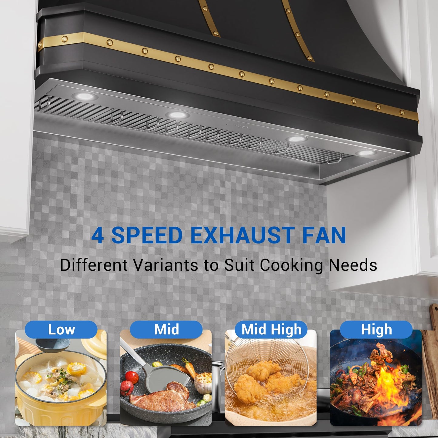 48-inch Range Hood Insert with Inline Remote Blower, CT Copper Tailor 1260CFM Kitchen Vent Hood, 4-Speed Exhaust Fan, 4 LED Lights, 8" Round Ducted,Baffle Filters, in Stainless Steel