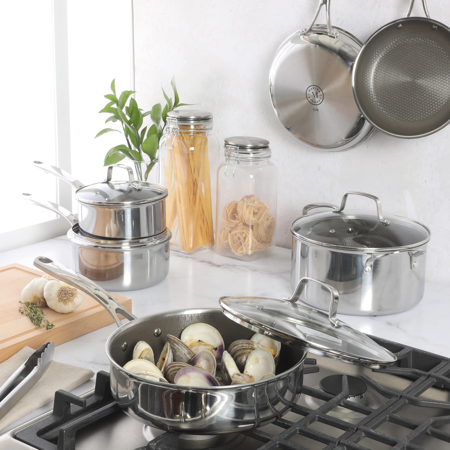 Martha Stewart Badgley Hybrid Nonstick 10 Piece TriPly Stainless Steel Pots and Pans Non-Toxic Kitchen Cookware Set - Laser Etched Perfect Sear Nonstick W/Stay Cool Handle Dishwasher & Induction Safe