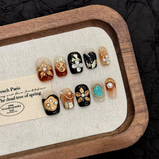 Handmade Press on Nails Square Short Fake Nails with 3D Flower Charm Designs Black Glossy Cute Acrylic Nails for Women 10pcs (Size M）