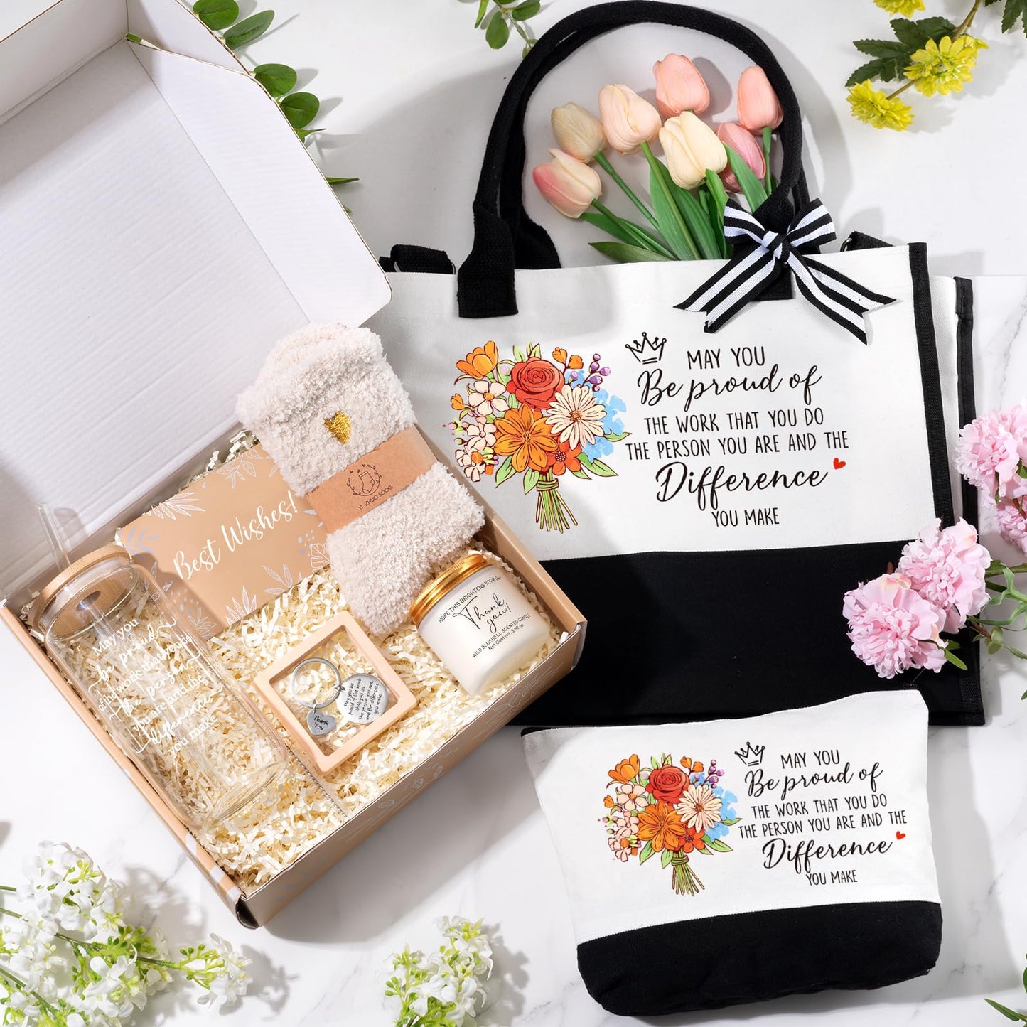 iAOVUEBY Thank You Gifts for Women, Employee Appreciation Gifts Baskets for Women, Coworkers Teacher Nurse Secretary Mentor Retirement Thank You Gift Ideas, Canvas Tote Bag Tumbler Gratitude Gift Box