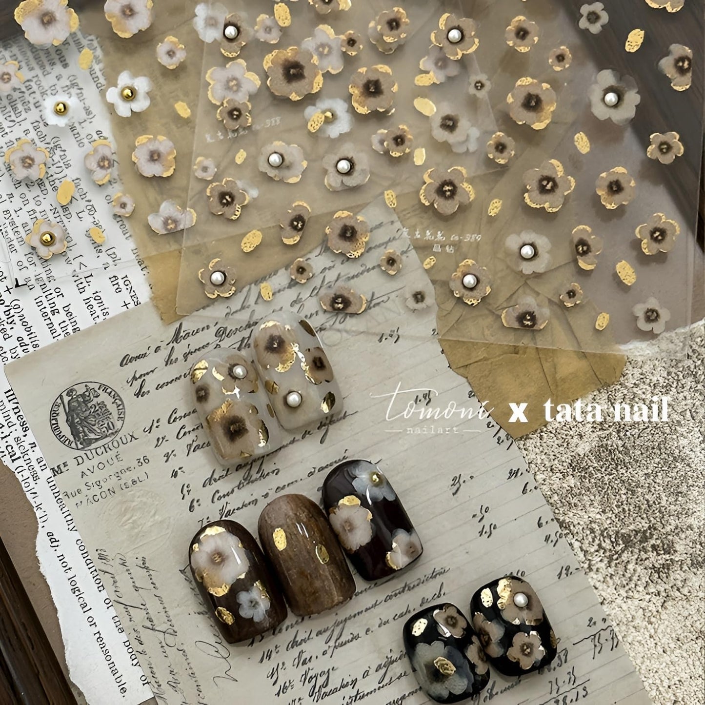 Flower Nail Art Stickers 5D Embossed Nail Decals with Pearls Design Summer Spring Nail Stickers for Nail Art Brown Flower Nail Design Self Adhesive Nail Charms Decoration Accessories for Women