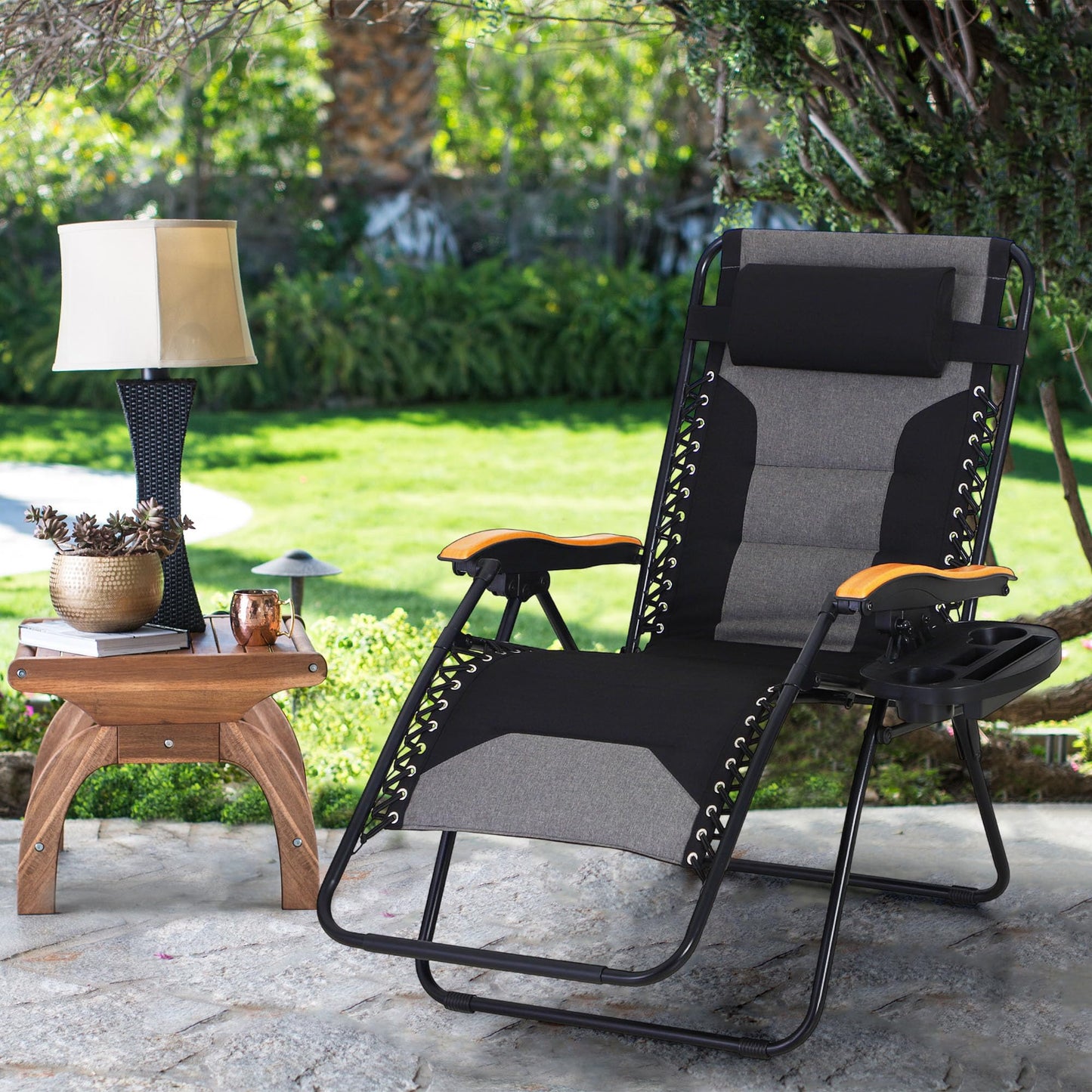 MAISON ARTS Oversized XXL Padded Zero Gravity Chair, 30" Wide Seat Foldable Patio Recliner, Anti Gravity Outdoor Lawn Chair with Cup Holder & Pillow, Supports 400lbs, Black & Grey