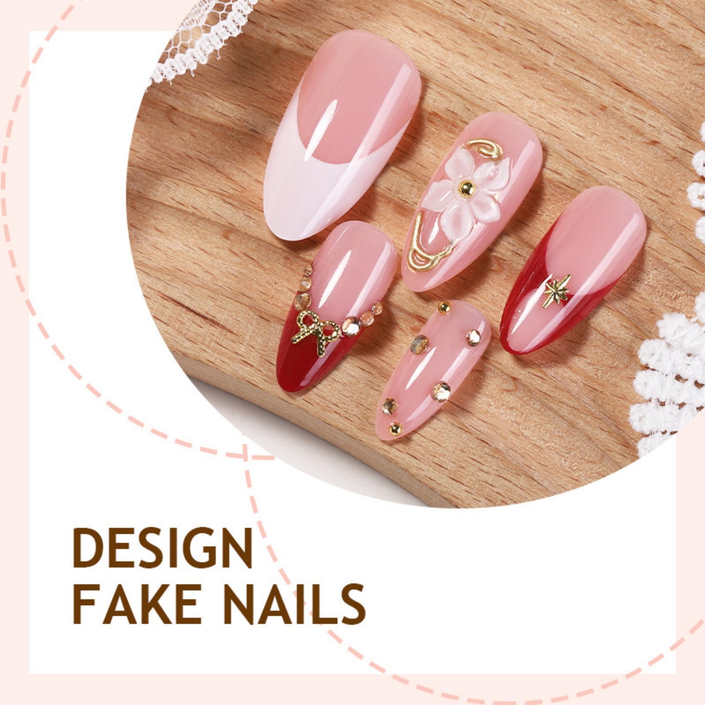 Almond Press on Nails Long Fake Nails Red Acrylic Nail Press ons Seeneey 3D Flowers and Gold Charm Designs Rhinestones Stick on Nail for Women 24pcs