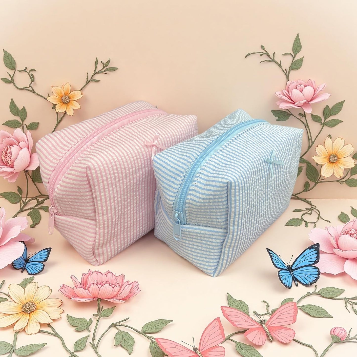 10 Pcs Cotton Quilted Makeup Bags Bulk-Valentines Day Gifts Bow Stripe Cosmetic Pouch Bridesmaid Gifts Makeup Pouch with Zipper Travel Portable Case Preppy Gifts for Women (Pink)