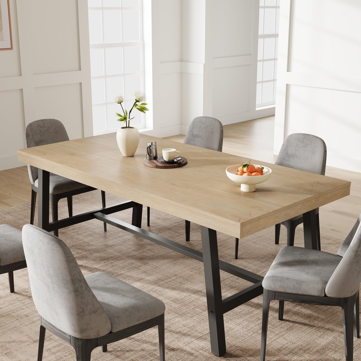 GarveeHome Industrial Dining Table for 6-8 People, 70.87" Long Wooden Kitchen Table with Sturdy Metal Frame & Natural Finish, Seats 6 Rectangular Counter for Dinner, Kitchen, Dining Room - Natural