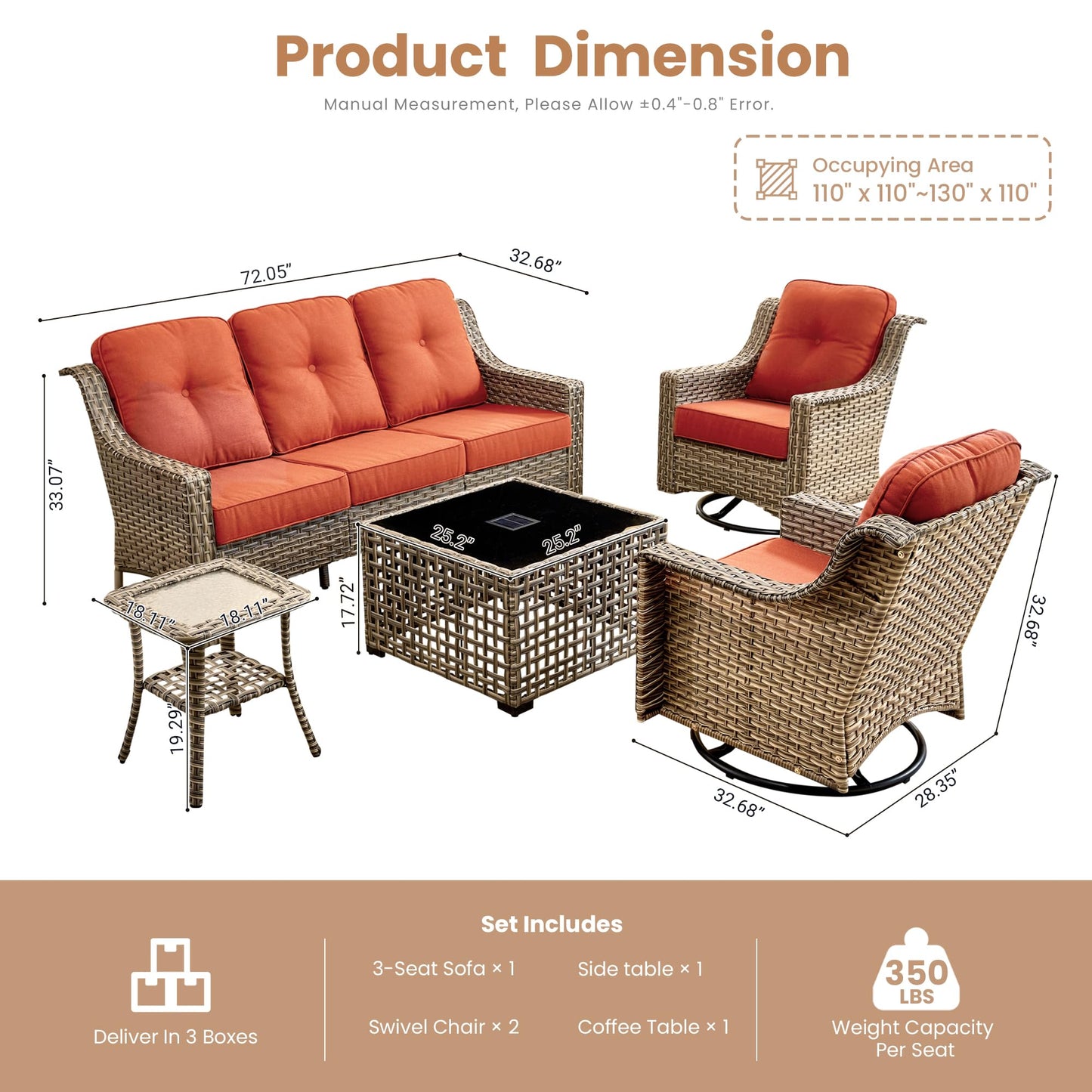 HOOOWOOO Patio Furniture Set,5 Pieces Wicker Outdoor Furniture,High Back Conversation Set with All Weather Resistant Solar Light Table Couch Swivel Chairs,Orange Red