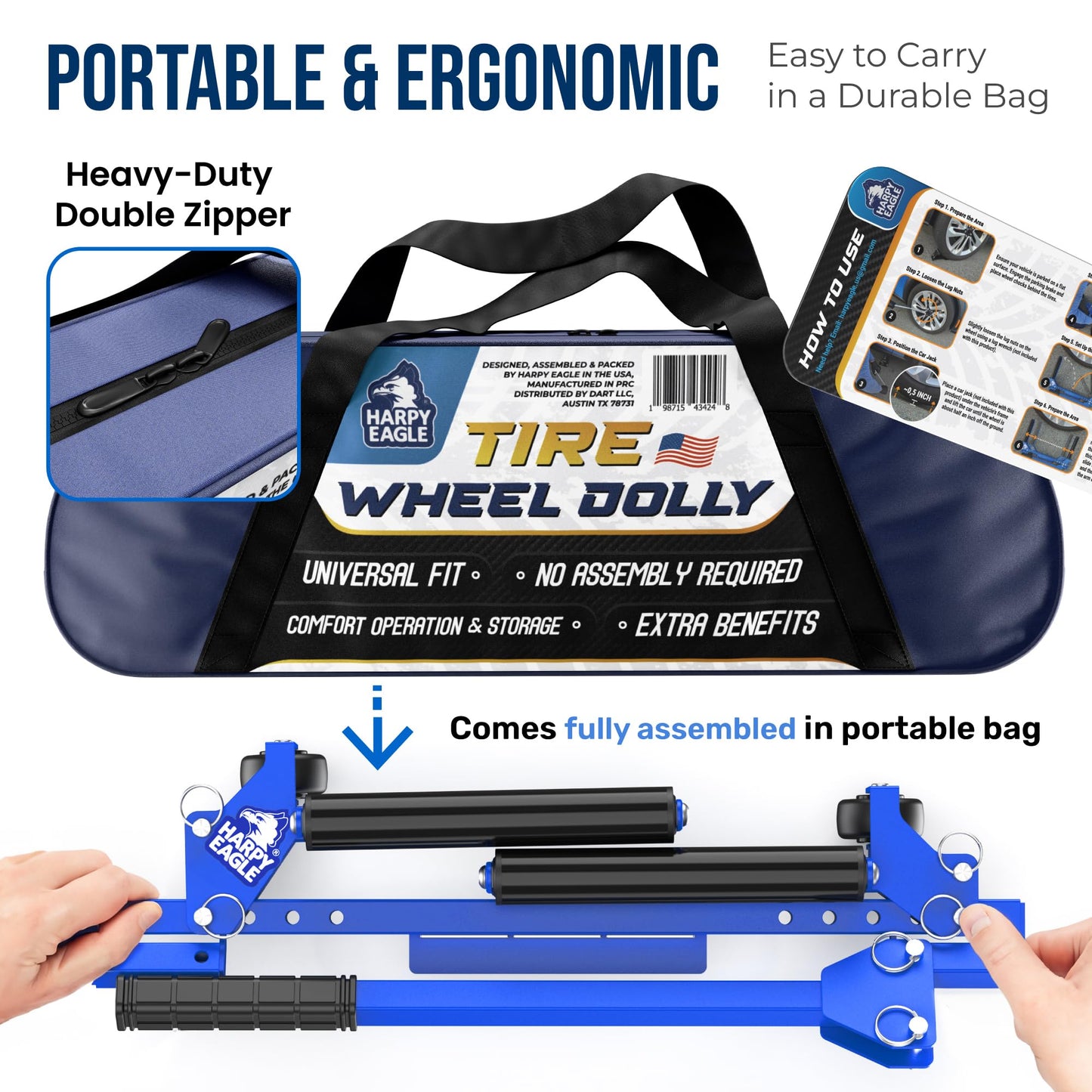 Harpy Eagle Tire Dolly - Foldable Adjustable Width up to 40" Tire Wheel Dolly with 240 lb Load Capacity, Pre-Assembled Wheel Lifter Cart for Cars, SUVs, Trucks with Portable Carry Bag/Patent Pending