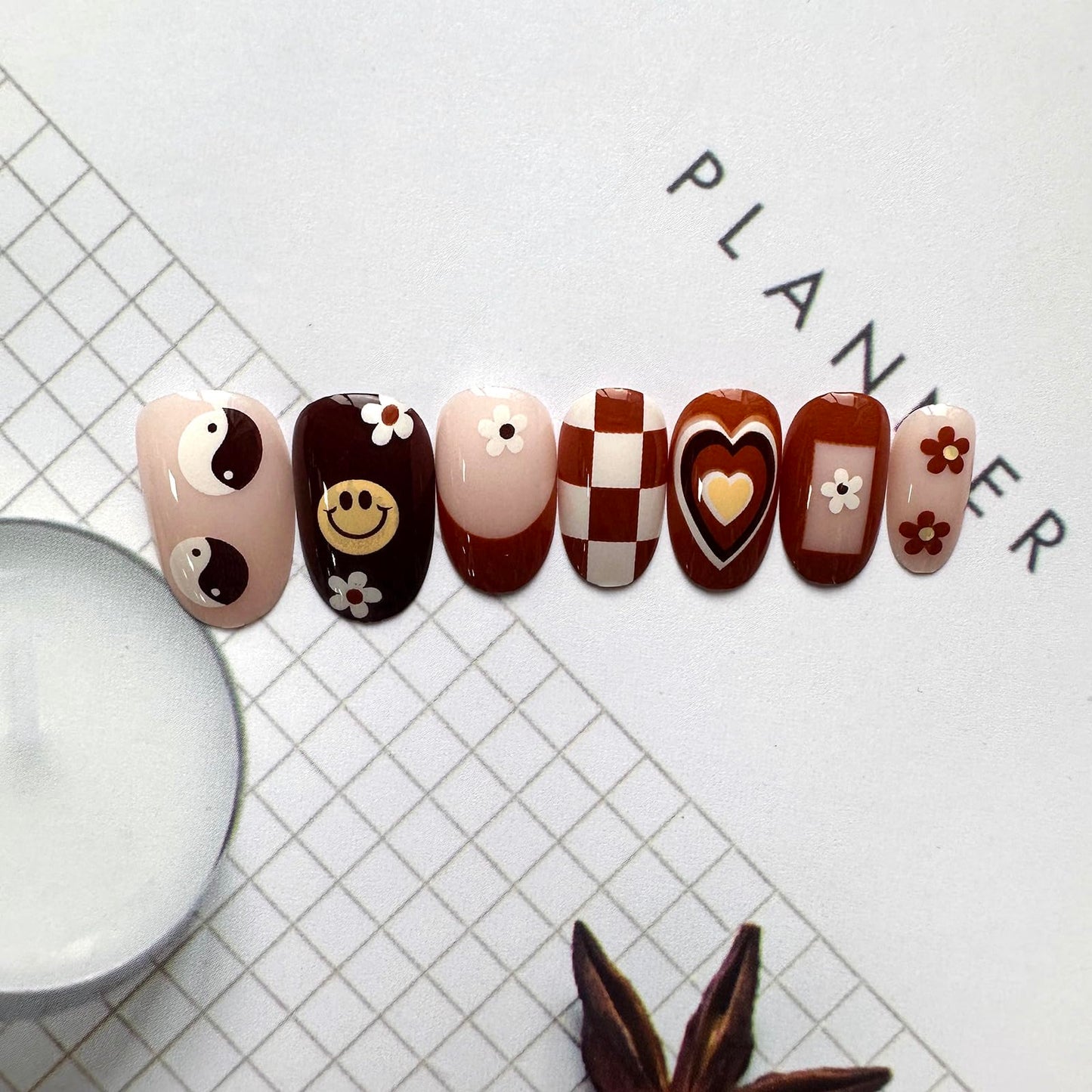 Fall Press on Nails Short Almond Fake Nails Brown French Tip False Nails with Designs Cute Flowers Hearts Acrylic Nails Full Cover Round Head Brown Glue on Nails for Women Girls Autumn Nail Art