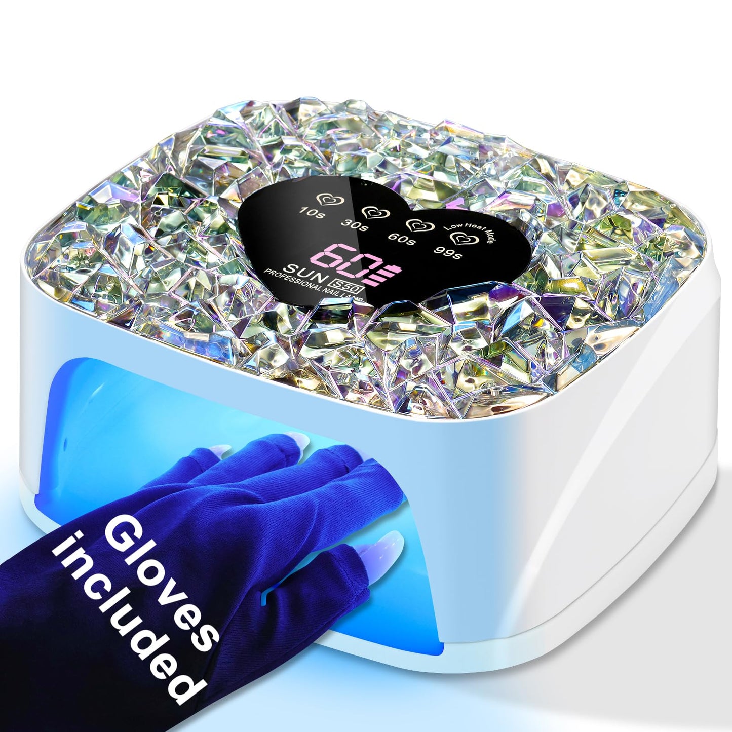 LIMEGIRL UV LED Nail Lamp Kit for Gel Polish Professional Fast White Diamond Design Curing Dryer Light Set with 4 Timers and Gloves Cordless Rechargeable Nail Art Cure Machine at Home and Salon