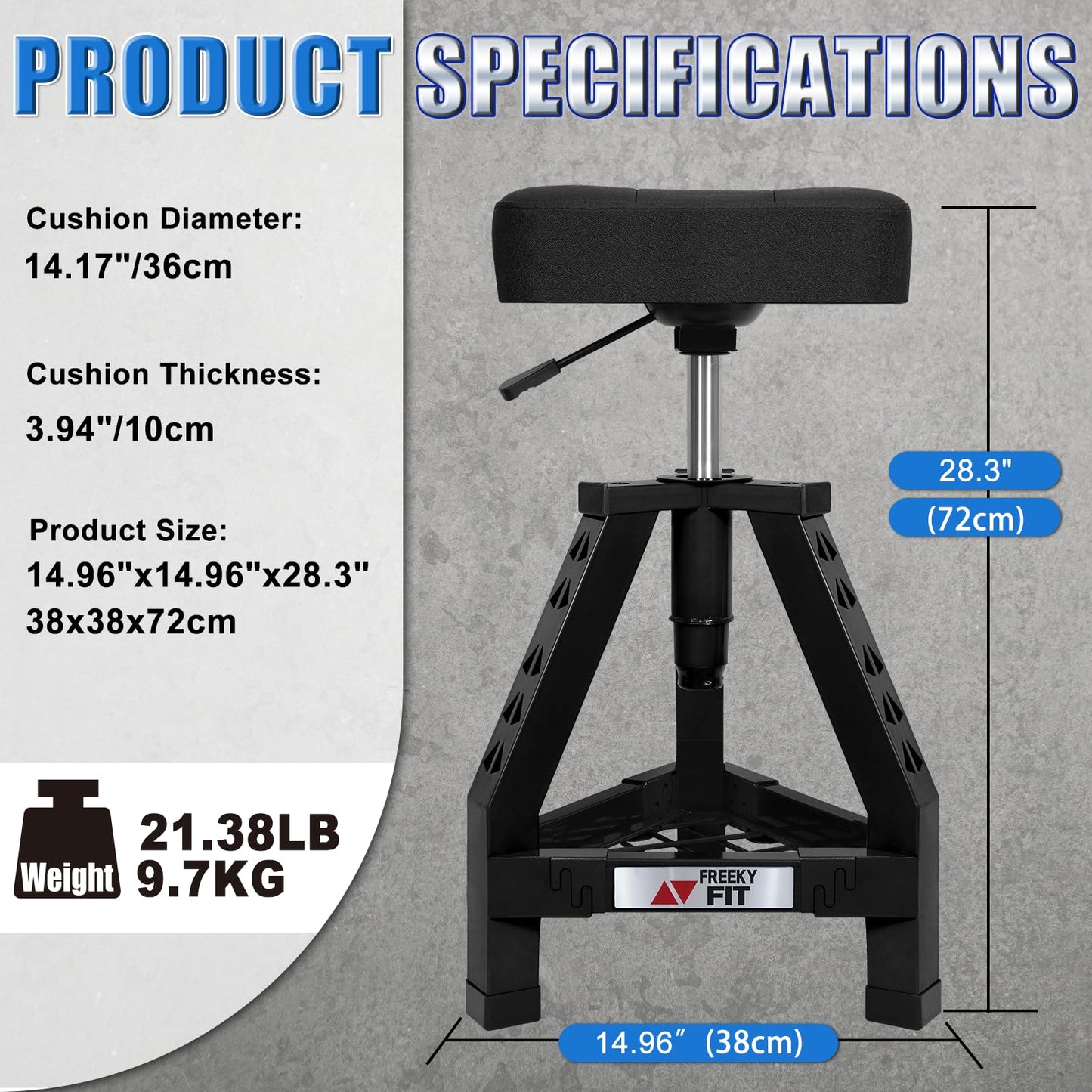 FreekyFit Adjustable Shop Stool,Garage Mechanic Stool Chair,Work Seat for Workshop, Adjustable Height, 360° Swivel Padded Square Seat,Tool Storage, 350 LBS Capacity, Heavy Duty, Black