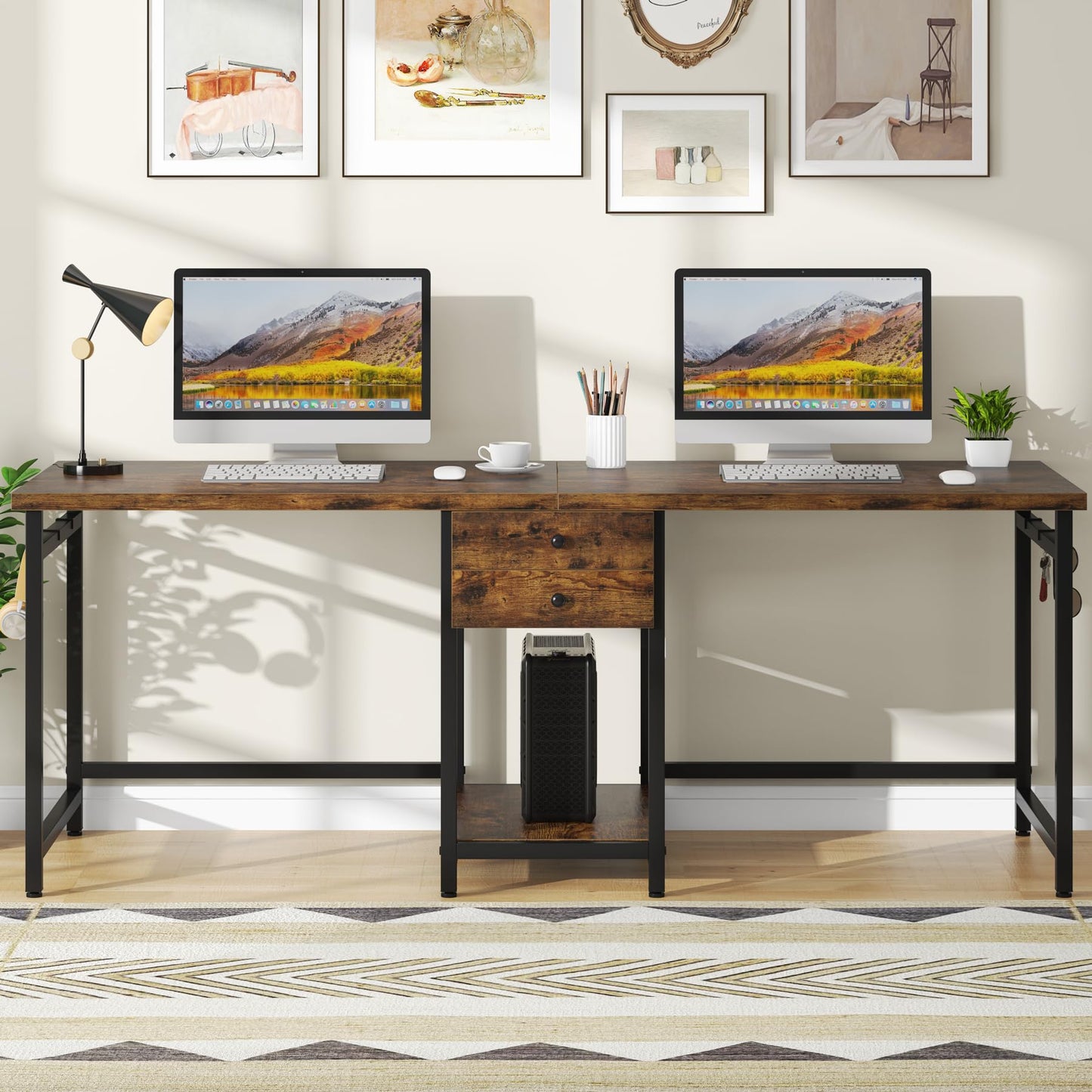 Tribesigns Two Person Desk, 79 Inch Double Desk with 2 Drawers, Large Computer Desk Long Desks with Storage Shelves, Writing Table Study Desk for Home Office, Rustic Brown (NY001)
